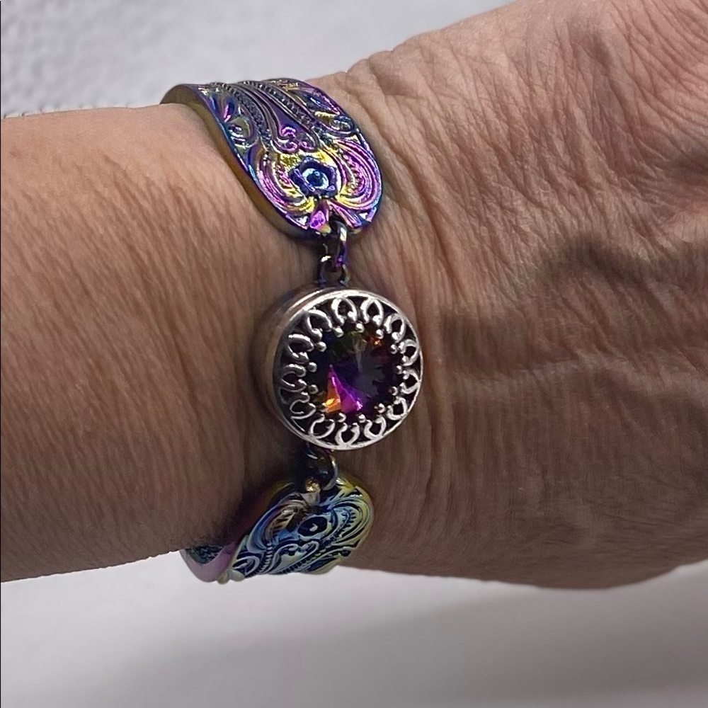 Purple, Gold & Blue Snap Bangle Bracelet w/ Pink & Purple Fire Snap! SEE VIDEO!